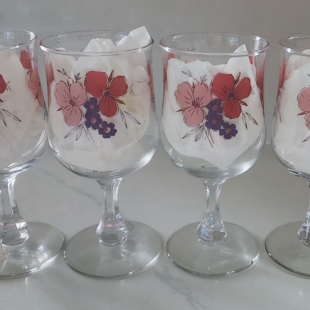 Vintage‎ Pfaltzgraff Pink Lavender Floral Wine Glasses Goblets Set Of Four